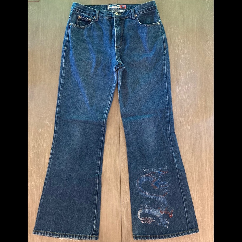Vintage ‘90s Baxis flare jeans w/ faded dragon detail, size 11 (juniors)